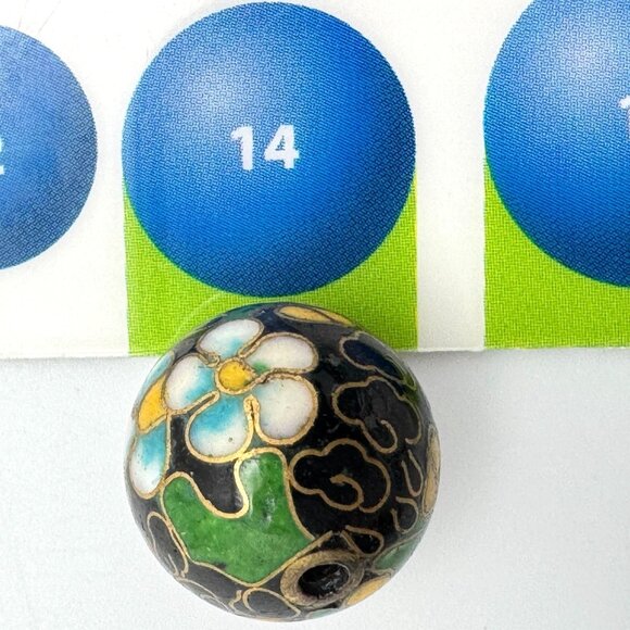 Cloisonne 5 Black Beads 14 MM Yellow Pink Green Flowers Cloisonne Beads 14 MM - Picture 3 of 8